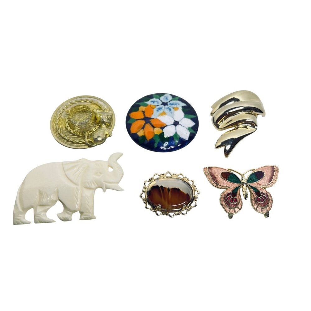 Lot Of 6 Brooches- Hat, Floral, Abstract, Elephant, Victorian And Butterfly (618